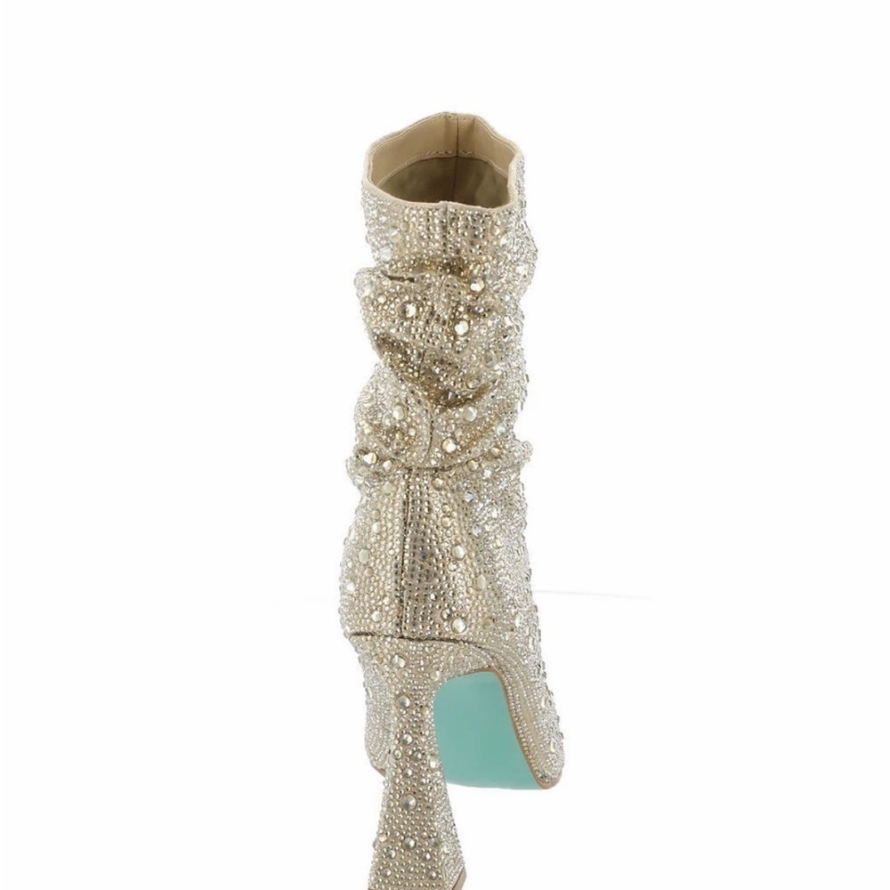 Betsey Johnson Mac Crystal-Studded Cream Heeled Boots - Picture 4 of 10